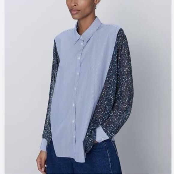 ZARA S Pin Stripe Ditsy Floral Sheer Bat Wing Oversized Button Front Shirt - Picture 2 of 13